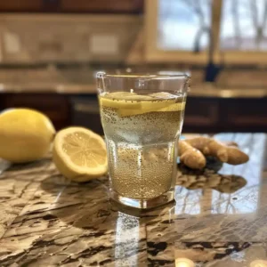 A small homemade Keto Mounjaro Shot with visible chia seeds, lemon, and ginger