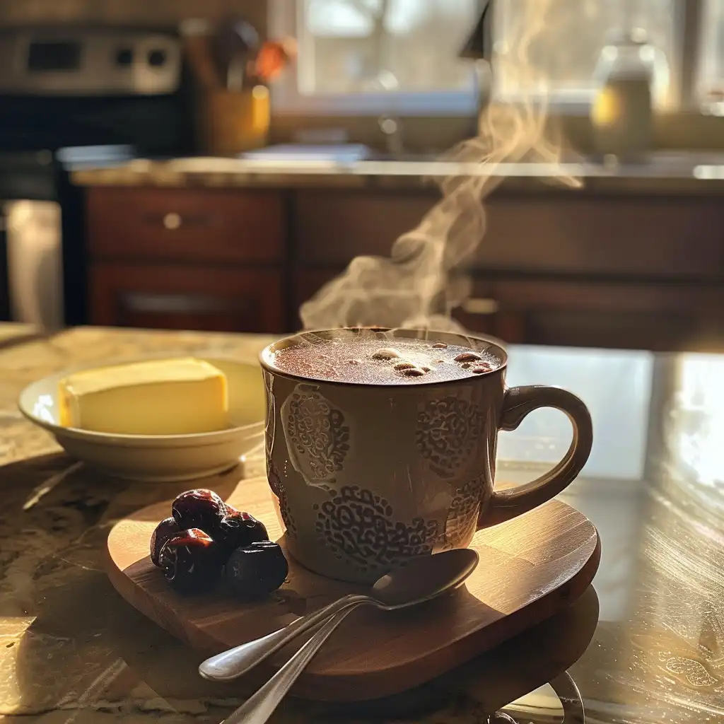 A steaming mug of hot buttered prune juice on a kitchen counter with sunlight and prunes
