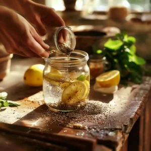 Adding chia, flax, basil, fennel seeds to water in glass jar