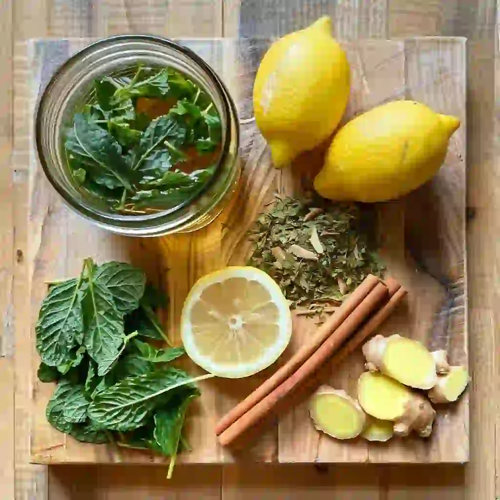 All the ingredients for lemon balm tea laid out, including fresh lemon balm, ginger root, lemon wedges, dried lemon balm, and a cinnamon stick