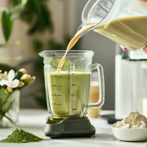 Almond milk being poured into a blender with matcha and collagen peptides for a beauty smoothie