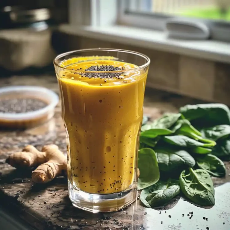 Anti-inflammatory turmeric-ginger smoothie in a clear glass with chia and spinach
