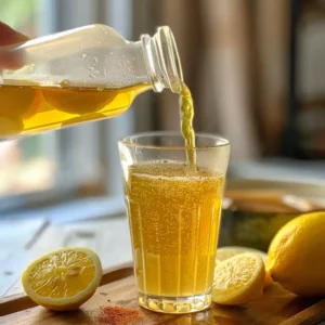 Apple cider vinegar being poured into tea during preparation of natural Zepbound drink