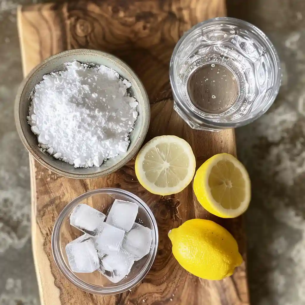 Ice water hack with baking soda , and water laid out for preparation