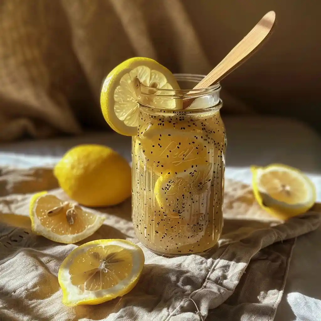 Bariatric chia seed drink in a mason jar with lemon slices on a wooden counter