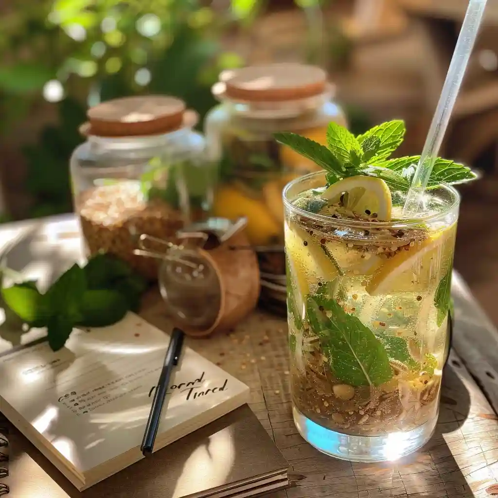 Bariatric seed drink served with lemon slice and mint