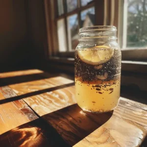 Bariatric seed drink with chia, flax, and lemon in a mason jar