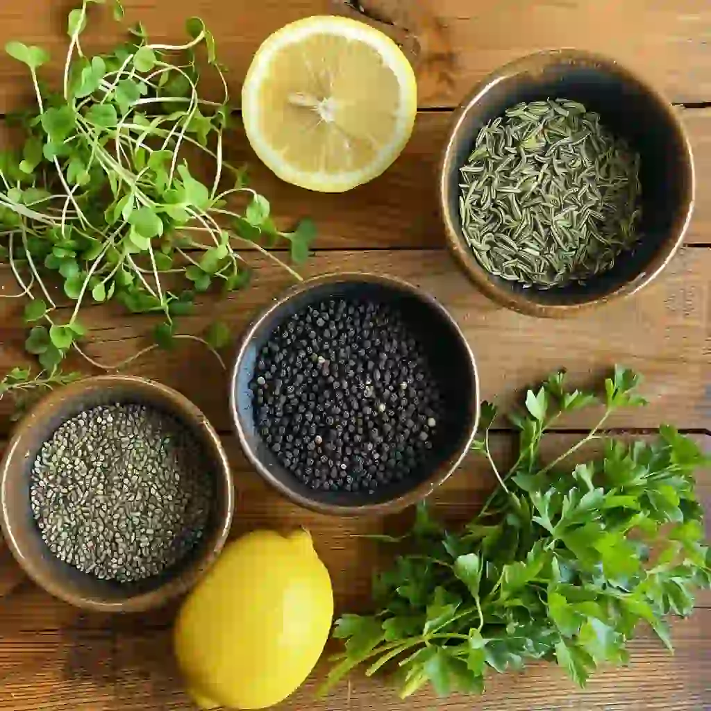 Bariatric seed ingredients laid out with lemon and mint on a wood counter
