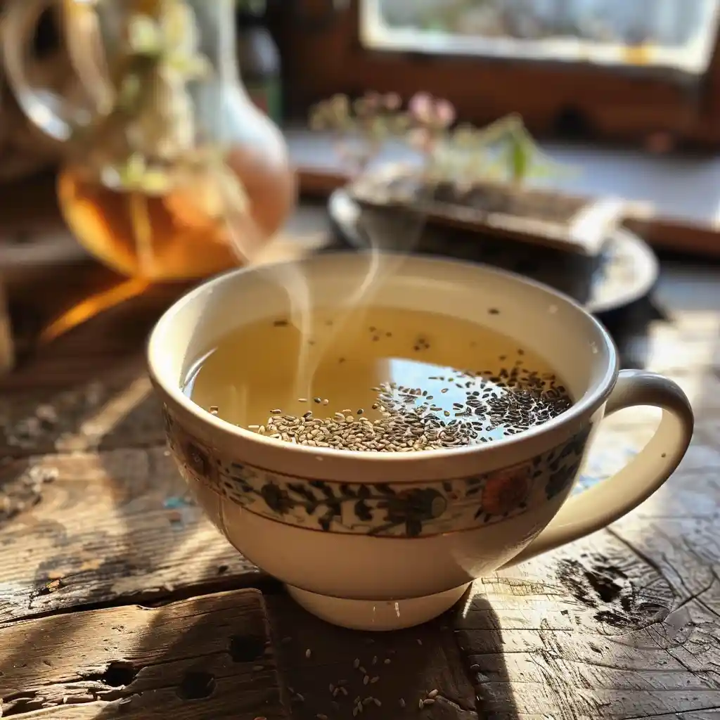 Bariatric seed tea steaming in a ceramic mug on a rustic table