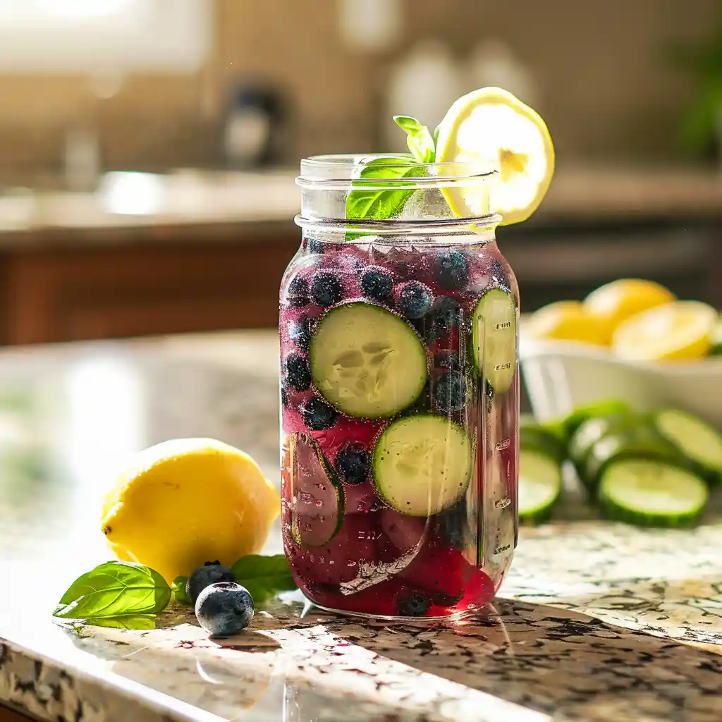 Berry basil detox drink with lemon and cucumber in a mason jar, natural daylight