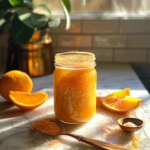 Best cortisol cocktail for weight loss in a mason jar on a sunny kitchen counter, surrounded by pink salt, magnesium powder, and orange slices
