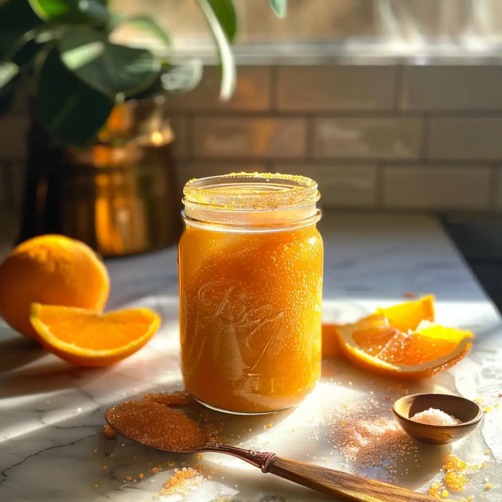 Best cortisol cocktail for weight loss in a mason jar on a sunny kitchen counter, surrounded by pink salt, magnesium powder, and orange slices
