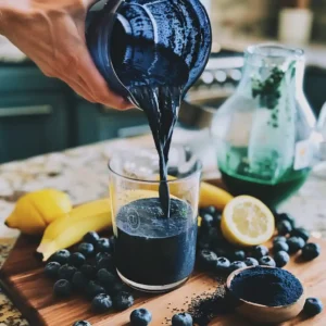 Blue antioxidant smoothie ingredients being poured into a blender, including blueberries, banana, blue spirulina, and oat milk
