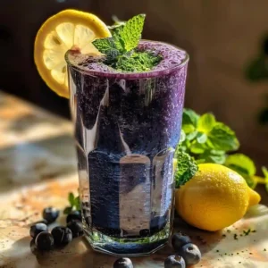 Blue antioxidant smoothie made with blue spirulina, blueberries, and coconut water, garnished with lemon and mint