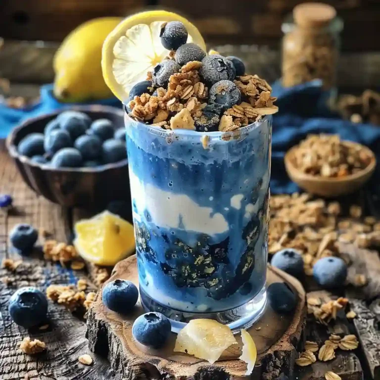 Blue antioxidant yogurt bowl topped with fresh blueberries, granola, and honey in a cozy kitchen