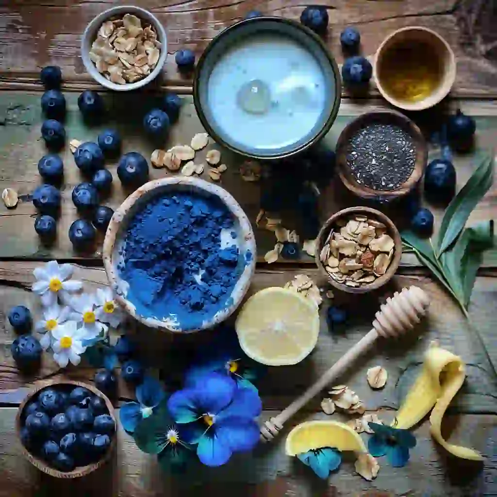 Blue spirulina, butterfly pea flower, blueberries, banana, oat milk, lemon, Greek yogurt, granola, and honey laid out on a wooden surface