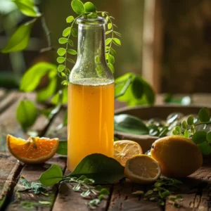 Bottle of soursop bitters detox energy beverage with moringa on a rustic table with citrus and herbs