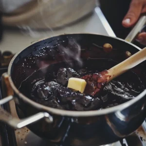 Butter melting into prune juice in a saucepan with steam