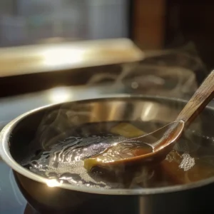 Butter melting into prune juice in a steaming saucepan