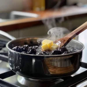Butter melting into prune juice in a saucepan