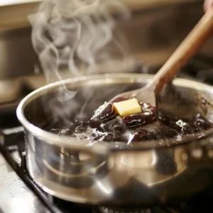 Butter melting into prune juice in a saucepan during cooking process