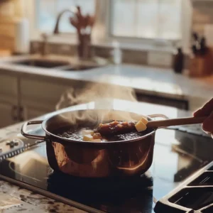 Butter melting into prune juice in a saucepan while stirring over low heat