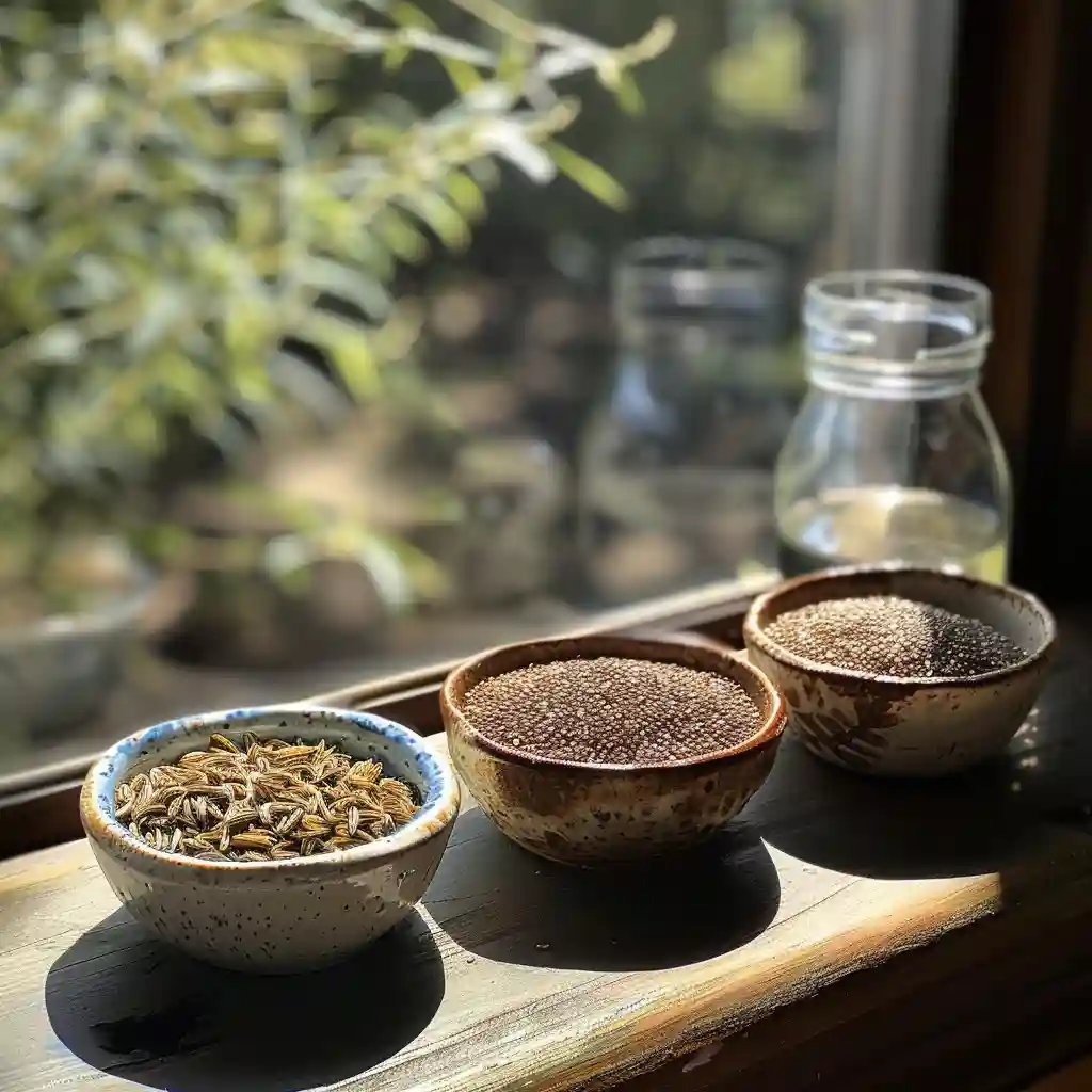 Chia, cumin, and fennel seeds measured out in small bowls