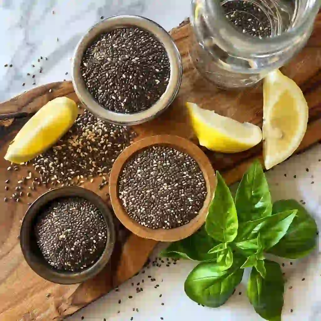 Chia, flax, and basil seeds in small bowls beside lemon wedges and a water jar- what is the bariatric seed recipe