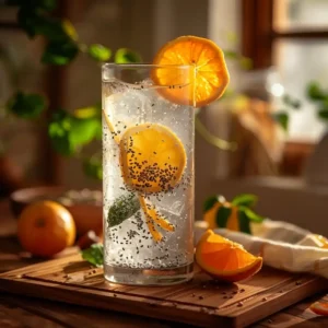 Chia seed water served in a glass with lemon and mint on a linen napkin
