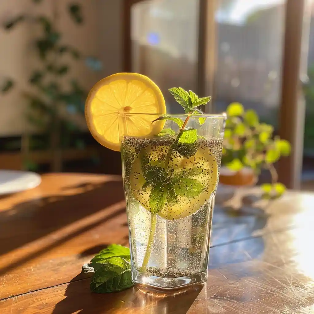 Chia seed water served with mint and lemon on table with honey drizzle nearby