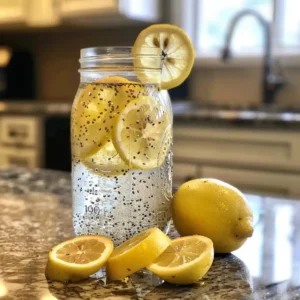 Chia seed water with lemon slices in a mason jar on kitchen counter
