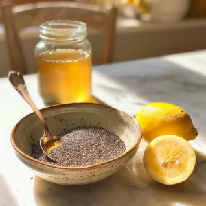 Chia seeds, lemon wedge, honey, and water displayed on a kitchen counter