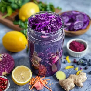 Chopped purple cabbage, beet, apple, berries, and lemon ready for blending