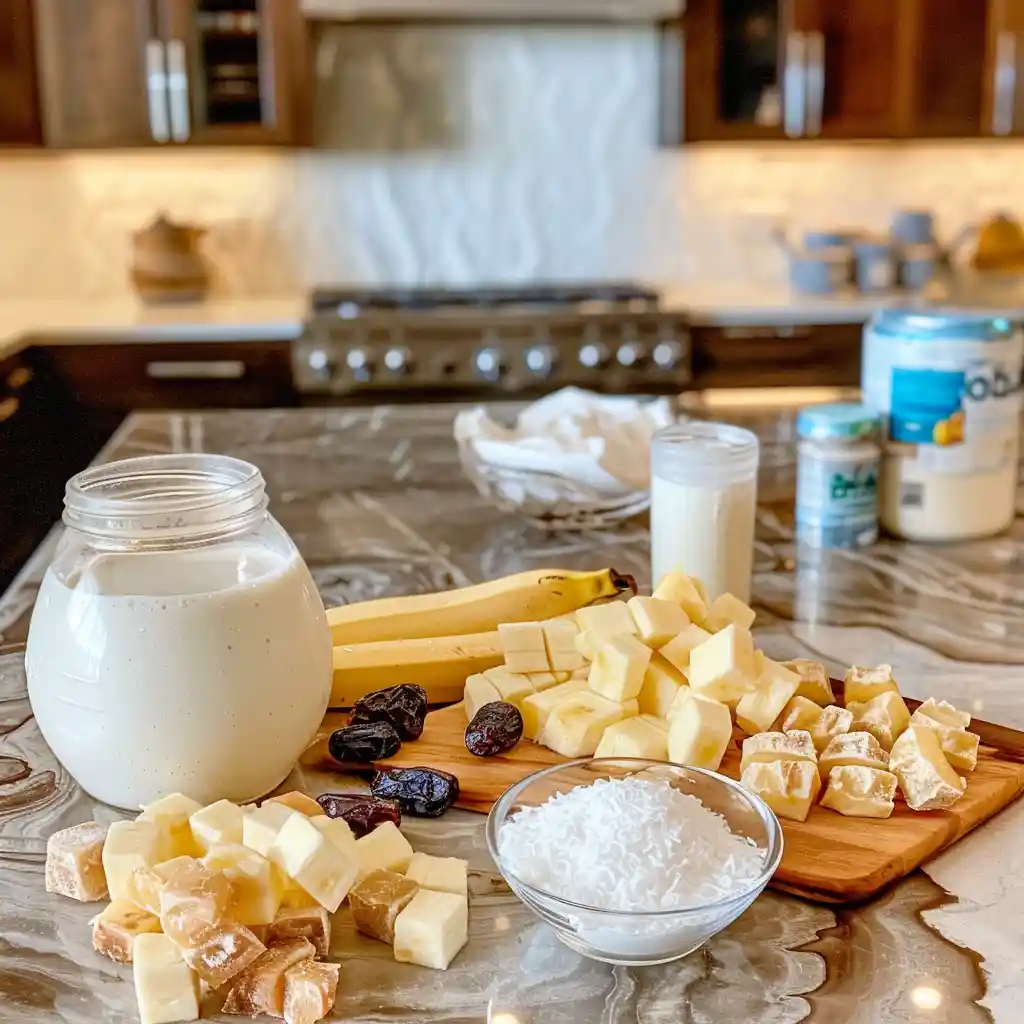 Coconut Cloud Smoothie ingredients displayed on a kitchen counter