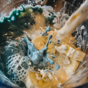 Coconut Cloud Smoothie mid-blend in a kitchen blender with visible fruits and powder