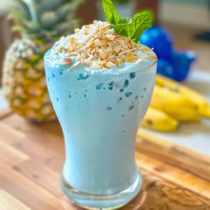 Coconut Cloud Smoothie with Blue Majik served in a frosty glass, topped with coconut flakes and mint
