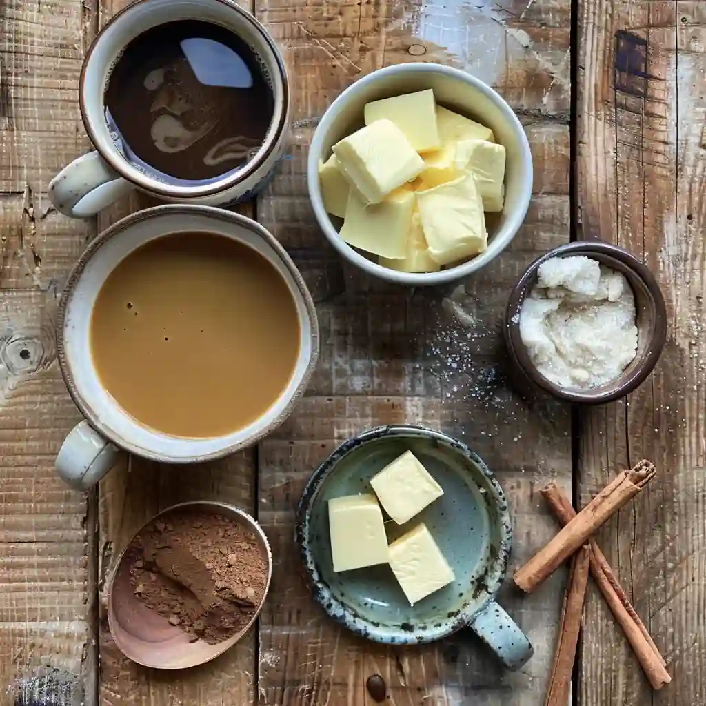 Coffee loophole ingredients laid out – MCT oil, butter, cinnamon, and brewed coffee