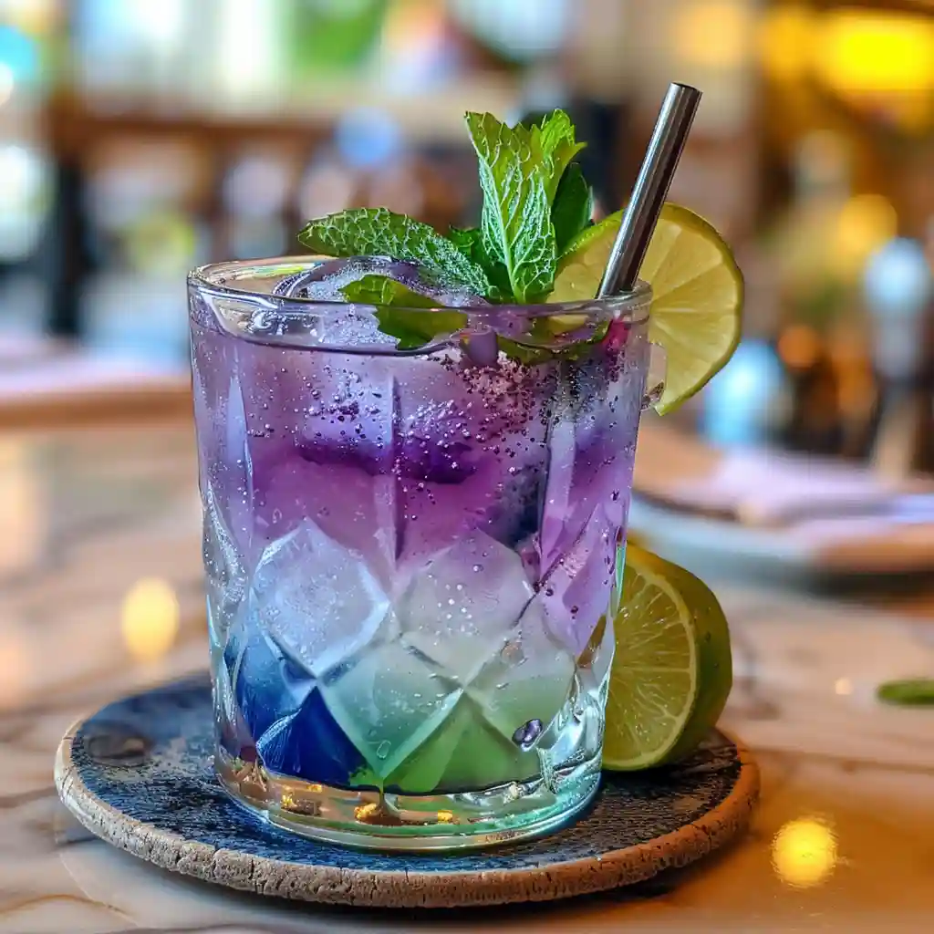 Color-changing butterfly pea flower Mounjaro drink with lime in a glass