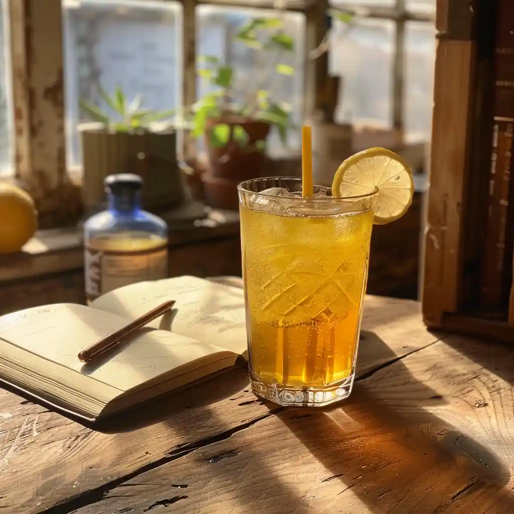 Cortisol cocktail next to a journal on rustic morning table