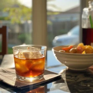 Cortisol cocktail served in a short glass with ice cube, beside a breakfast bowl