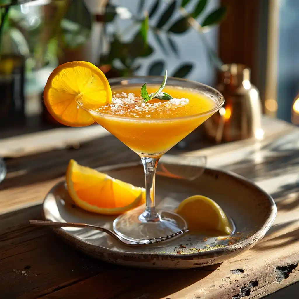 Cortisol cocktail served on a ceramic plate with lemon garnish