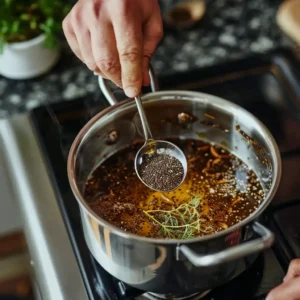 Cumin and fennel tea simmering on stovetop with chia ready to add
