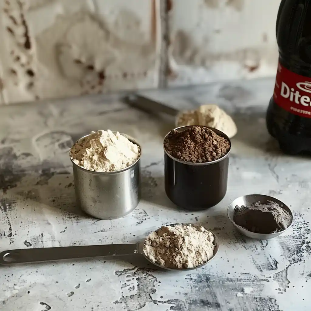 Diet Coke can, protein powder scoops, and blender bottle on kitchen counter