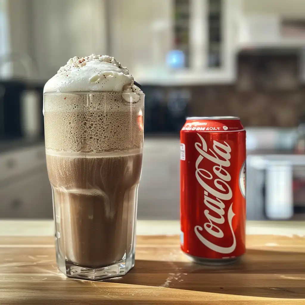 Diet Coke protein drink with creamy foam in a clear glass beside a can of Diet Coke