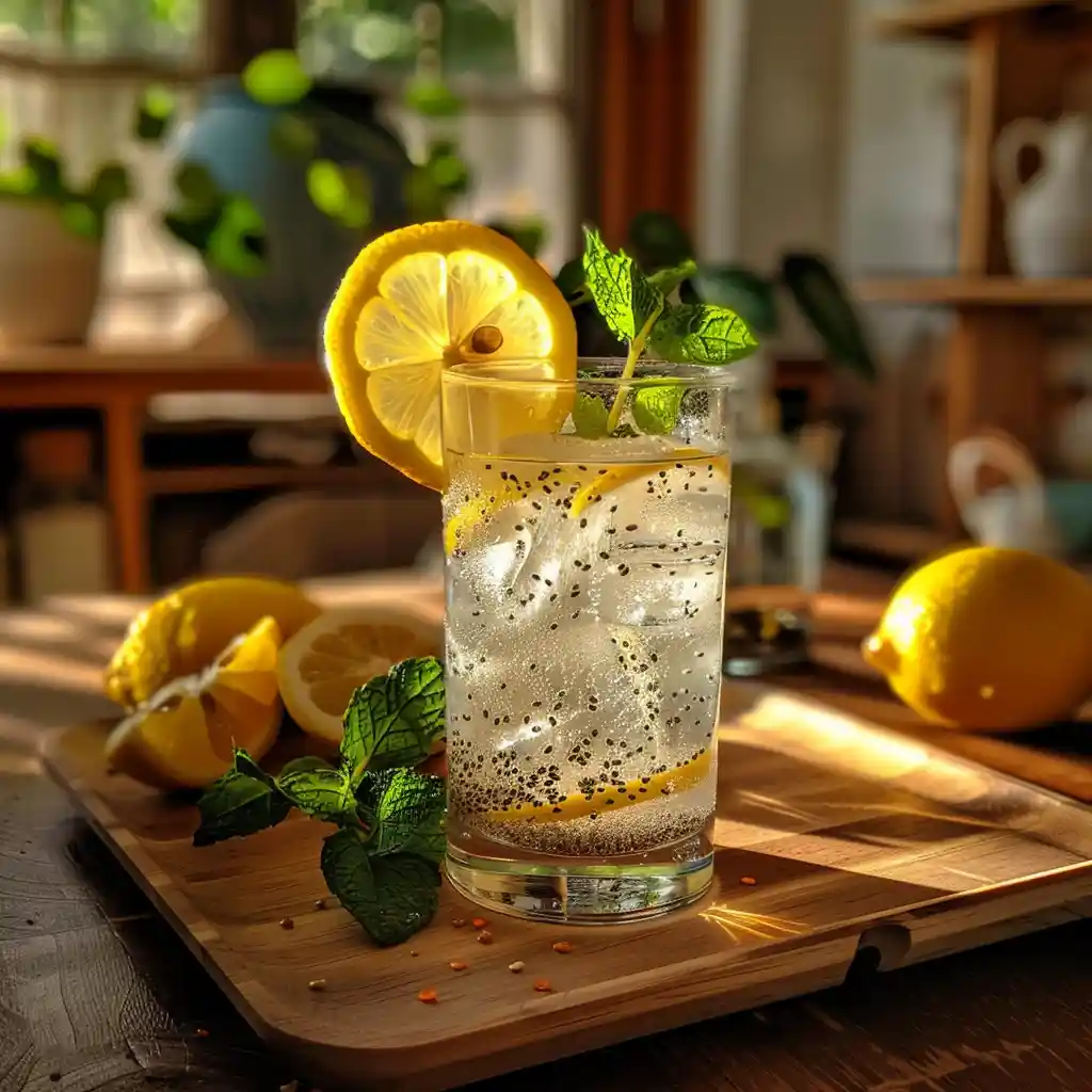 Finished ice water hack drink with lemon, mint, and chia seeds on a rustic wooden tray in a cozy kitchen