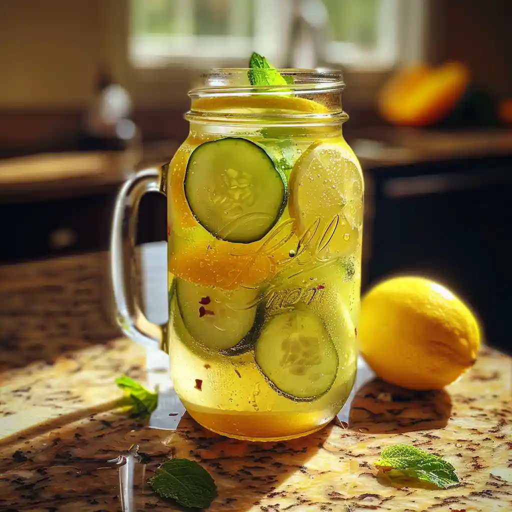 Finished ice water hack served in a tall glass with lemon, cucumber, mint, and apple cider vinegar