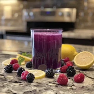 Finished purple peel drink with scattered berries and lemon slices