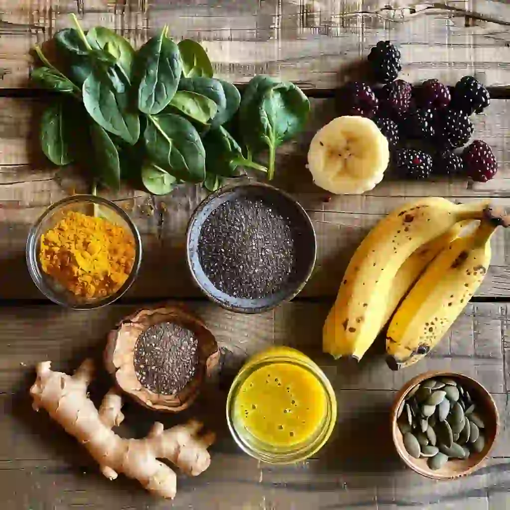 anti inflammatory smoothies for arthritis recipe ingredients including spinach, turmeric, ginger, and berries