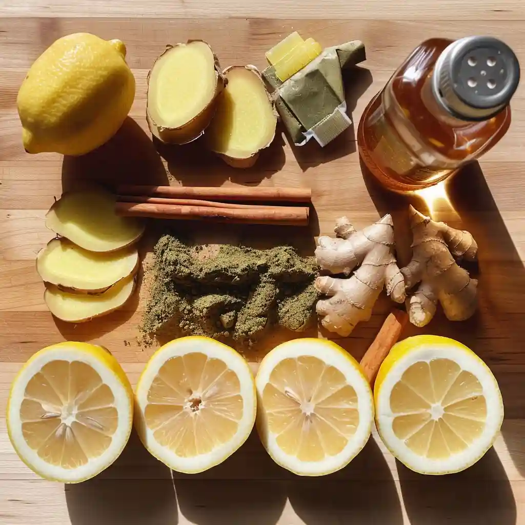 Flat lay of natural zepbound recipe ingredients including ginger, lemon, cinnamon, and apple cider vinegar