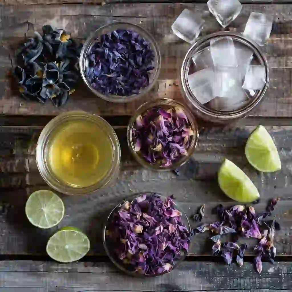 Flat lay of natural ingredients forColor-Changing Mounjaro Drinks – butterfly pea flower, hibiscus, lime